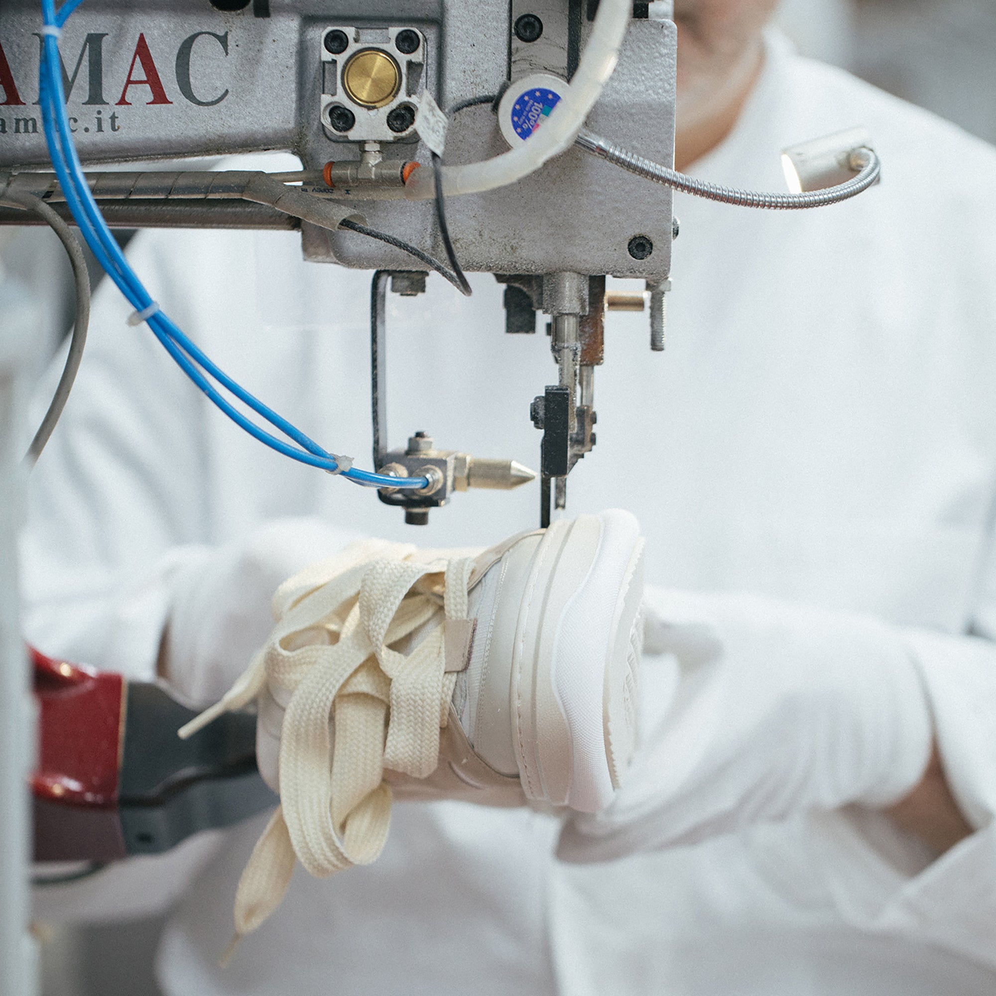 Details of stitching Mason Garments sneakers in the factory