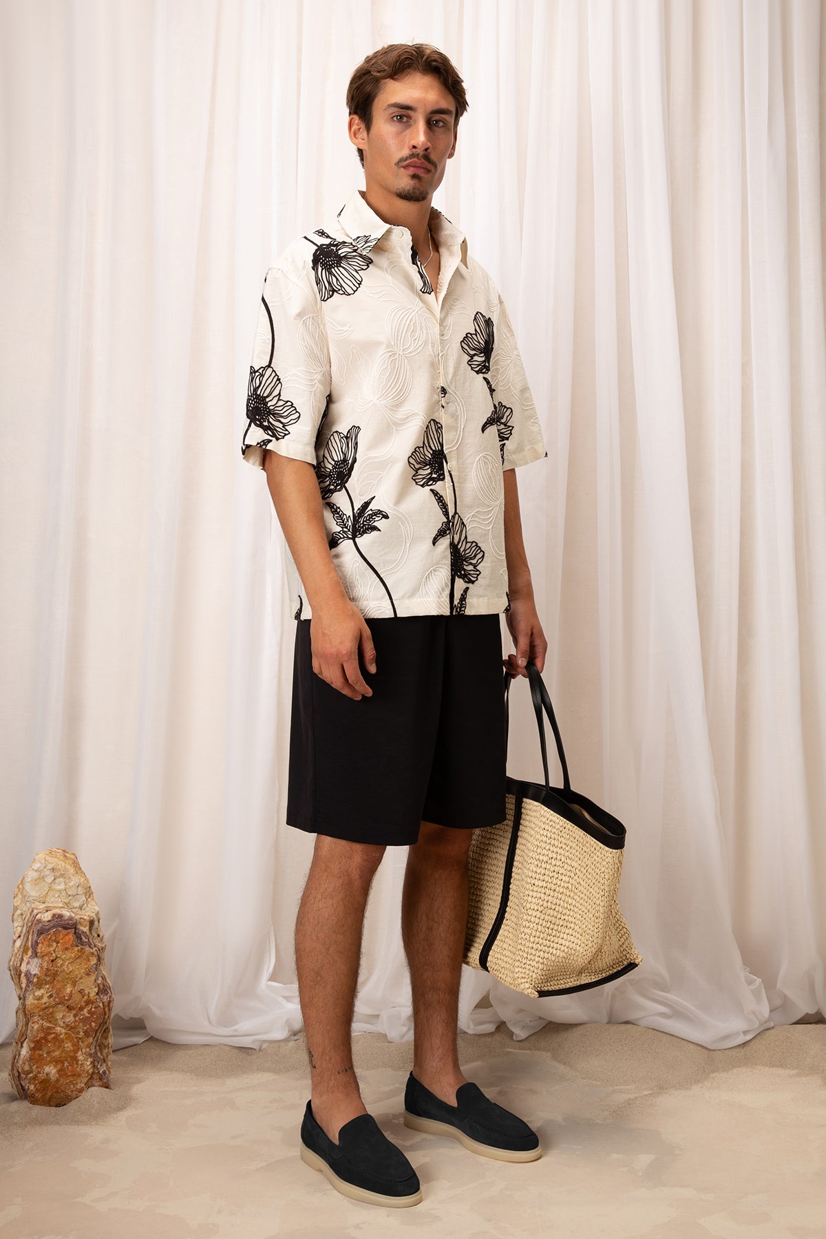 Spring male look with white shirt, black shorts and black loafers