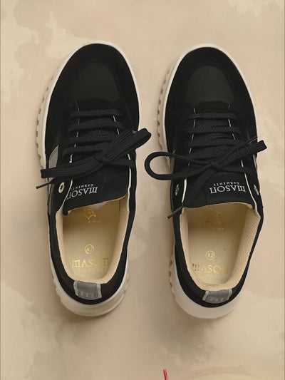 Zoom out of flatlay with black sneakers | Mason Garments